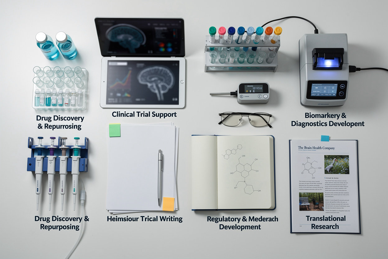 The Brain Health Company biotech drug development laboratory environment showcasing AI-powered research capabilities for neurodegenerative disorder treatment
